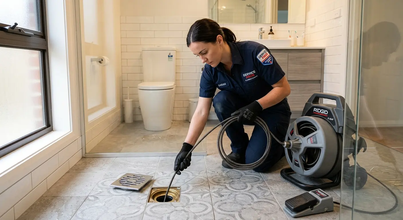 Technician clearing a bathroom floor drain for Sewer Line Installation in Lakewood